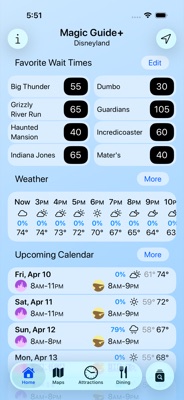 Magic Guide+ Disneyland home screen with favorite wait times and weather