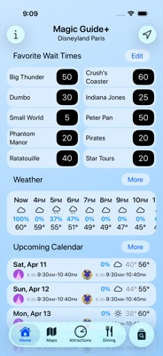 Magic Guide+ Disneyland Paris home screen with favorite wait times and weather