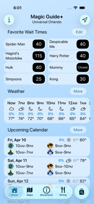 Magic Guide+ Universal Orlando home screen with favorite wait times and weather