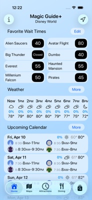 Magic Guide home screen with live wait times and weather